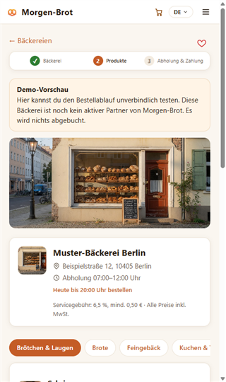 Handy-Ansicht einer Bäckerei-Bestellseite auf Morgen-Brot