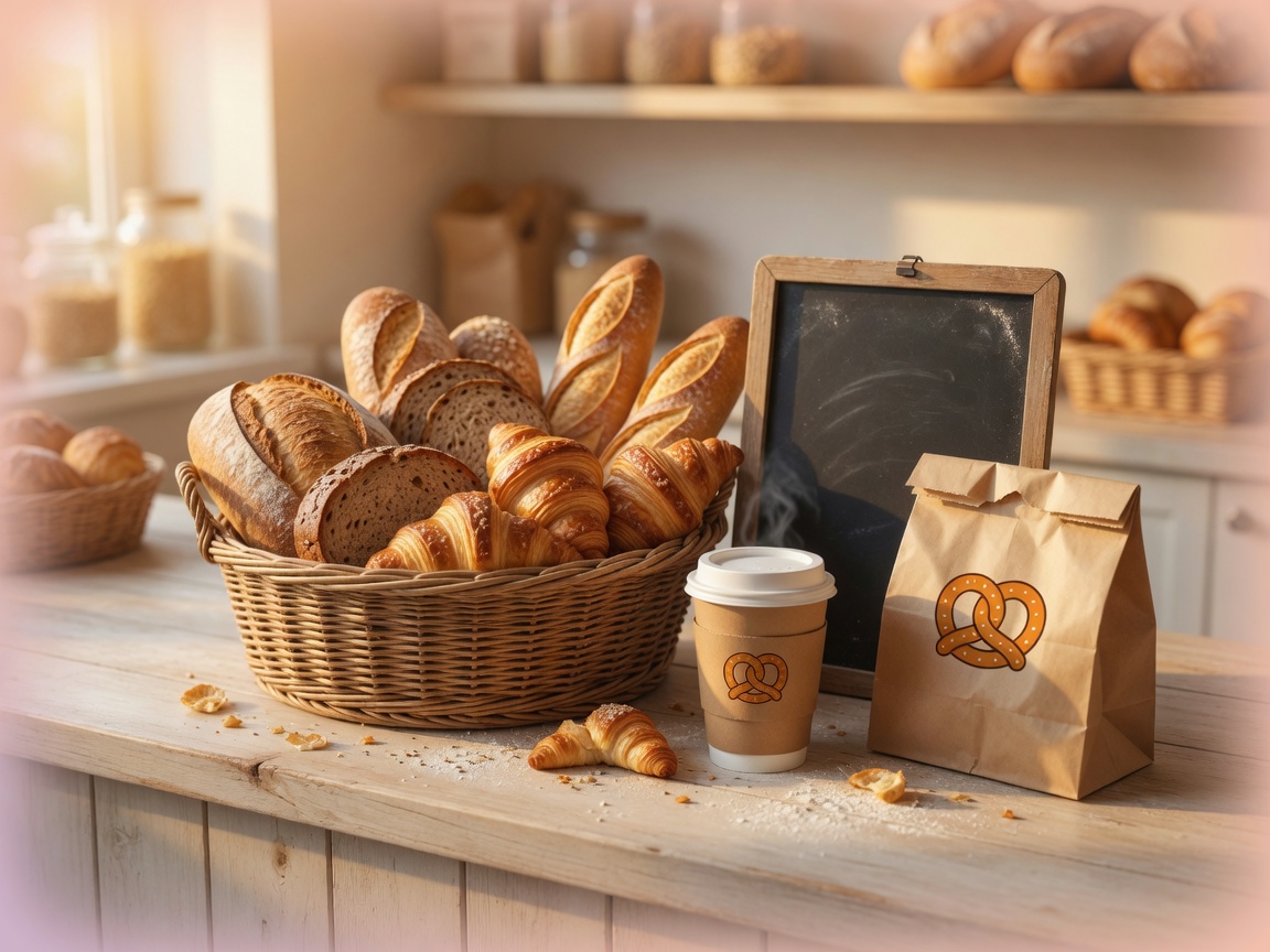 Korb mit frischen Backwaren, Kaffeebecher und Brottüte mit Brezel-Logo