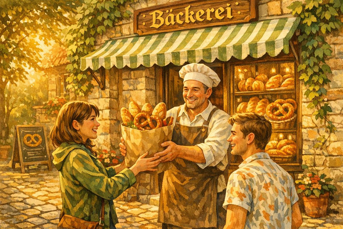 Illustration: Gäste holen Backwaren vor einem Laden ab
